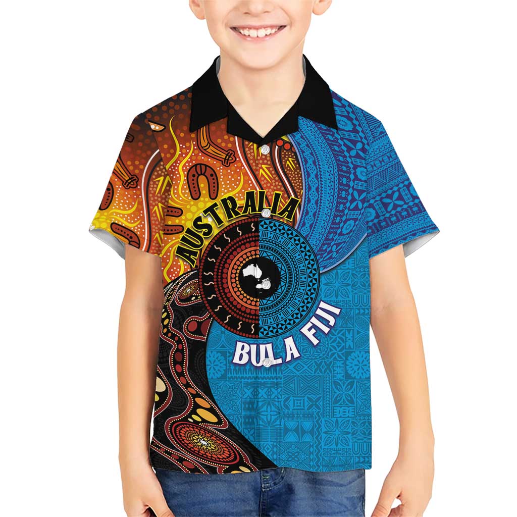 Fiji and Australia Together Family Matching Short Sleeve Bodycon Dress and Hawaiian Shirt Tapa Tribal Tattoo mix Aboriginal Pattern LT03 Son's Shirt Black - Polynesian Pride