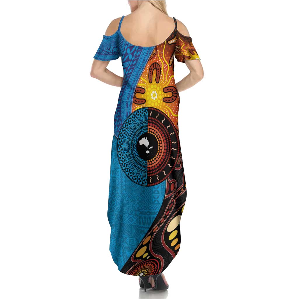 Fiji and Australia Together Family Matching Summer Maxi Dress and Hawaiian Shirt Tapa Tribal Tattoo mix Aboriginal Pattern