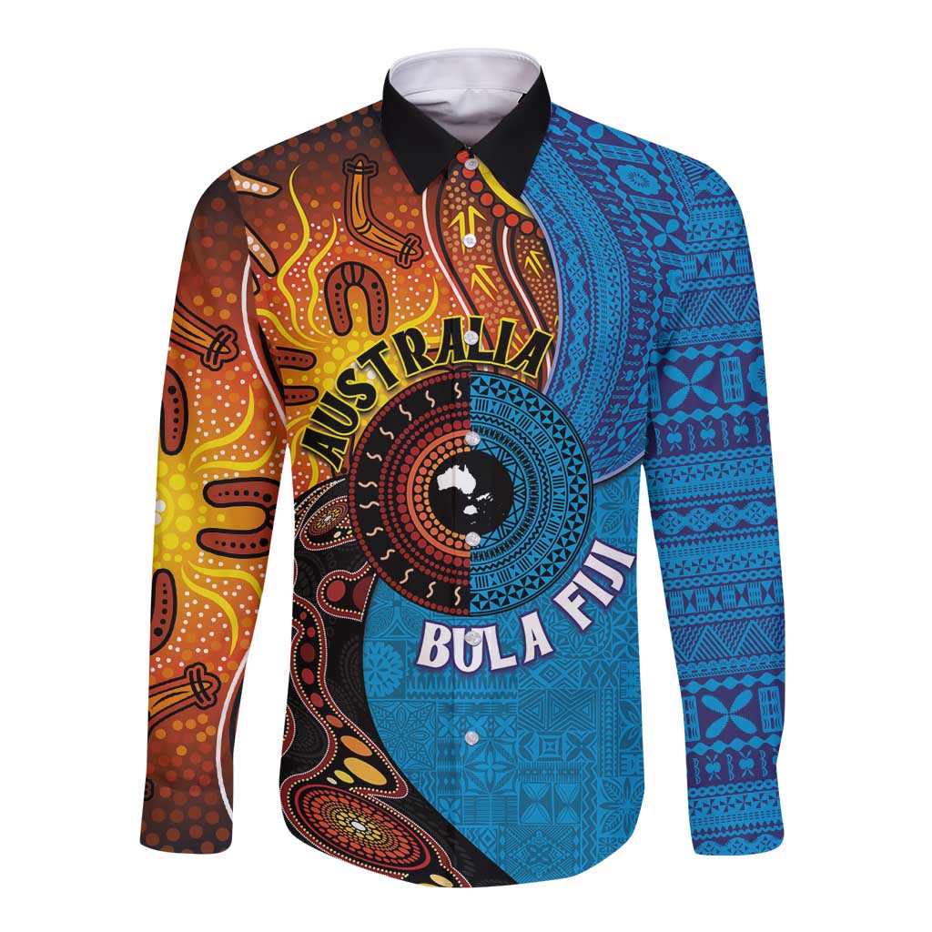 Fiji and Australia Together Long Sleeve Button Shirt Tapa Tribal Tattoo mix Aboriginal Pattern