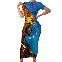 Fiji and Australia Together Short Sleeve Bodycon Dress Tapa Tribal Tattoo mix Aboriginal Pattern LT03 Long Dress Black - Polynesian Pride