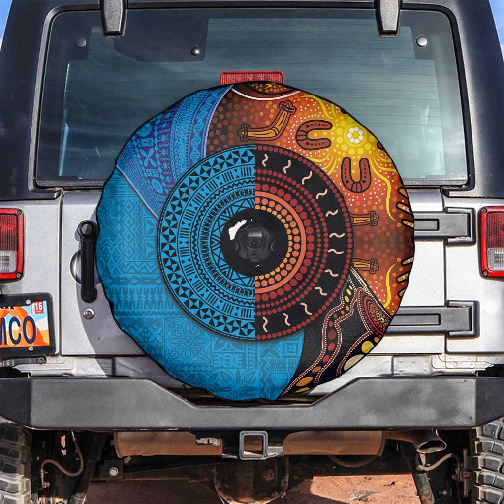 Fiji and Australia Together Spare Tire Cover Tapa Tribal Tattoo mix Aboriginal Pattern LT03 Black - Polynesian Pride