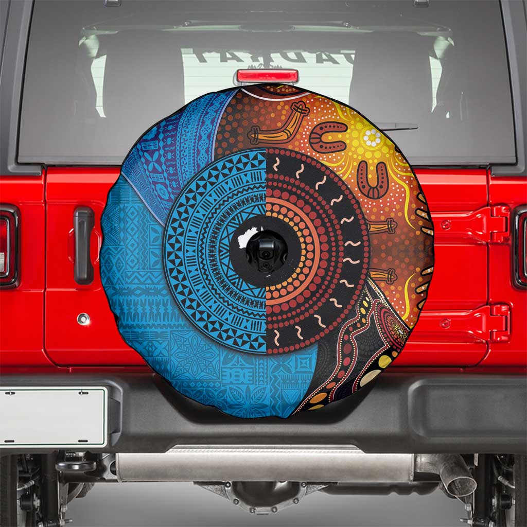 Fiji and Australia Together Spare Tire Cover Tapa Tribal Tattoo mix Aboriginal Pattern LT03 - Polynesian Pride