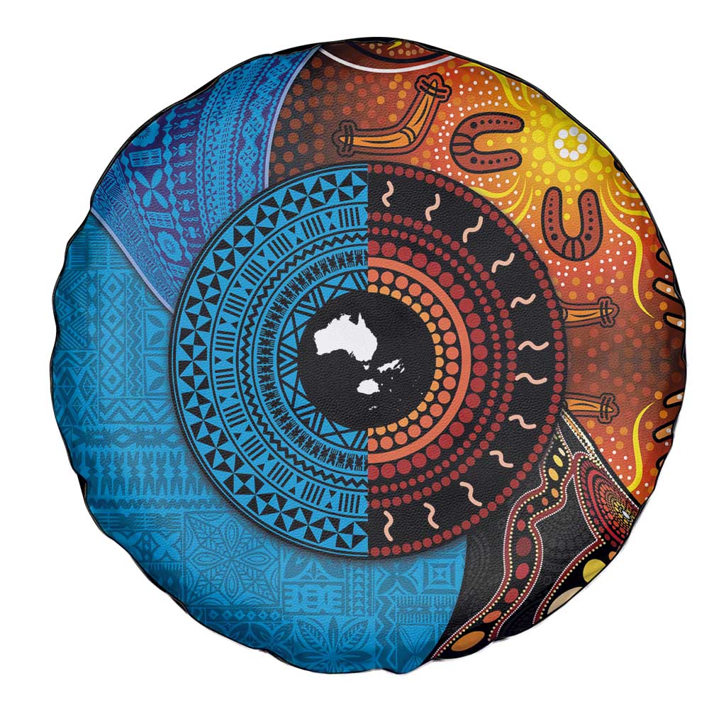 Fiji and Australia Together Spare Tire Cover Tapa Tribal Tattoo mix Aboriginal Pattern LT03 - Polynesian Pride