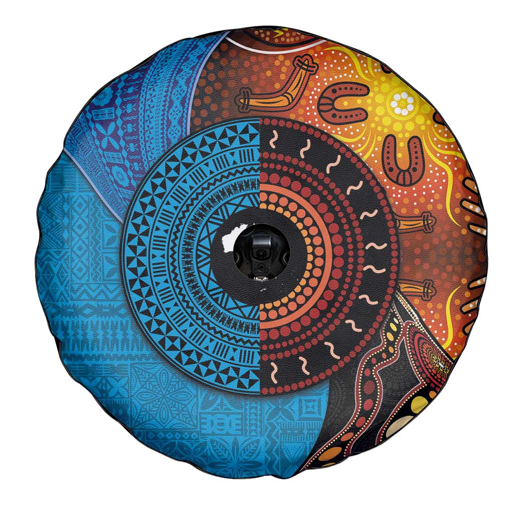 Fiji and Australia Together Spare Tire Cover Tapa Tribal Tattoo mix Aboriginal Pattern LT03 - Polynesian Pride