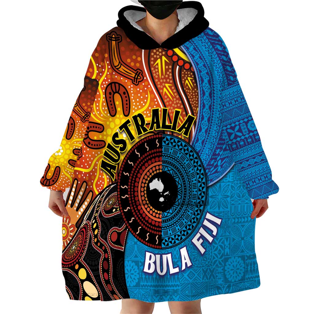Fiji and Australia Together Wearable Blanket Hoodie Tapa Tribal Tattoo mix Aboriginal Pattern