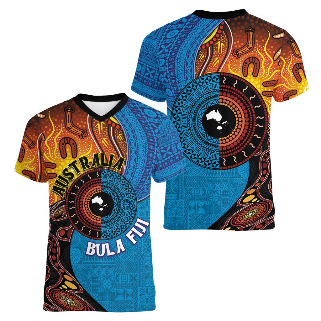 Fiji and Australia Together Women V-Neck T-Shirt Tapa Tribal Tattoo mix Aboriginal Pattern