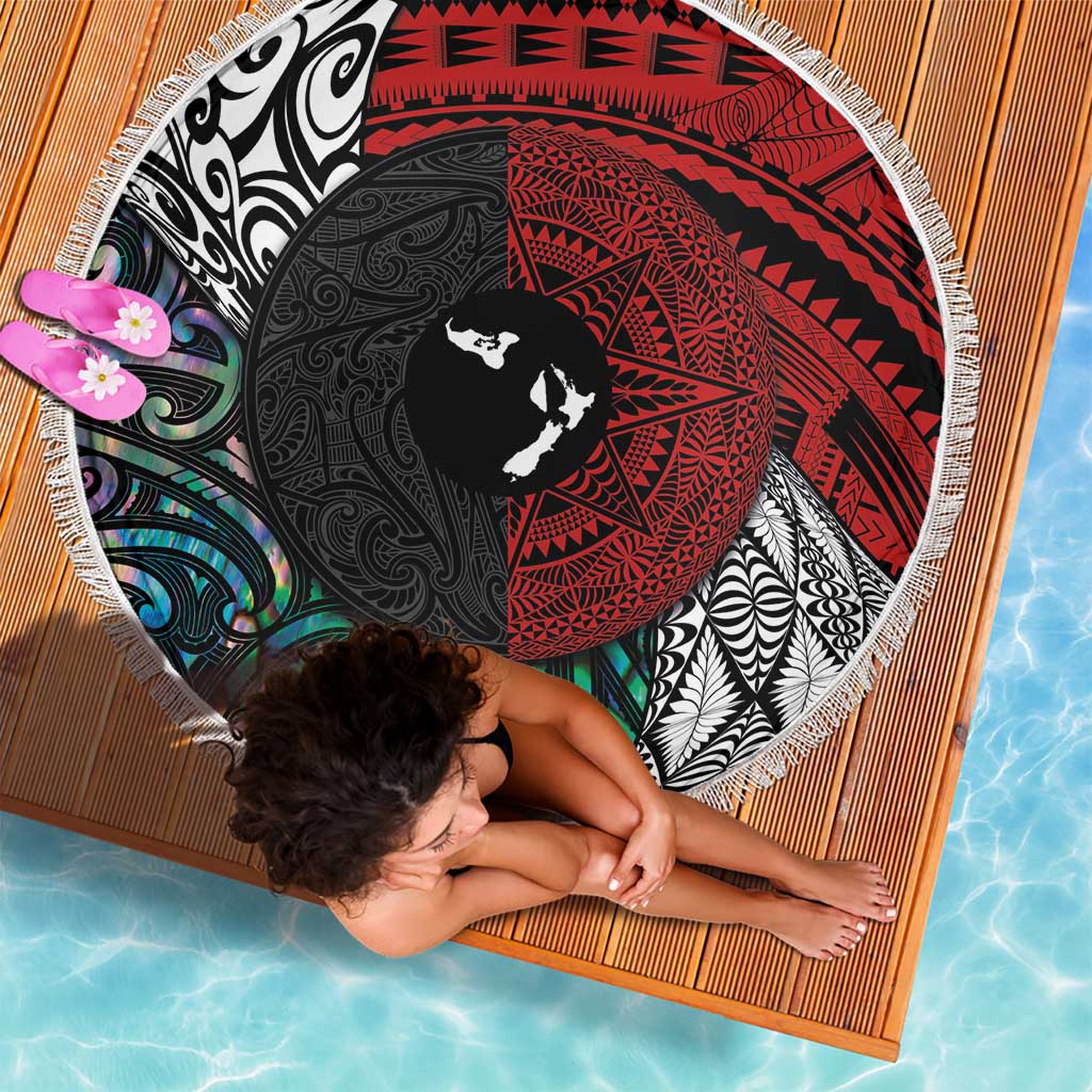 Tonga and New Zealand Together Beach Blanket Tongan Kupesi Ngatu Tattoo and Maori Paua Shell Pattern