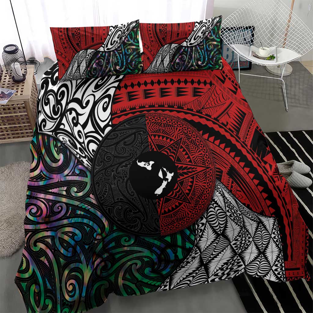 Tonga and New Zealand Together Bedding Set Tongan Kupesi Ngatu Tattoo and Maori Paua Shell Pattern