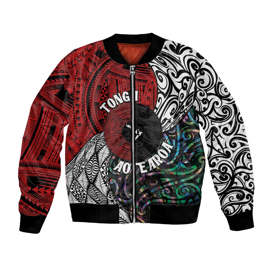 Tonga and New Zealand Together Bomber Jacket Tongan Kupesi Ngatu Tattoo and Maori Paua Shell Pattern LT03 Unisex Black - Polynesian Pride