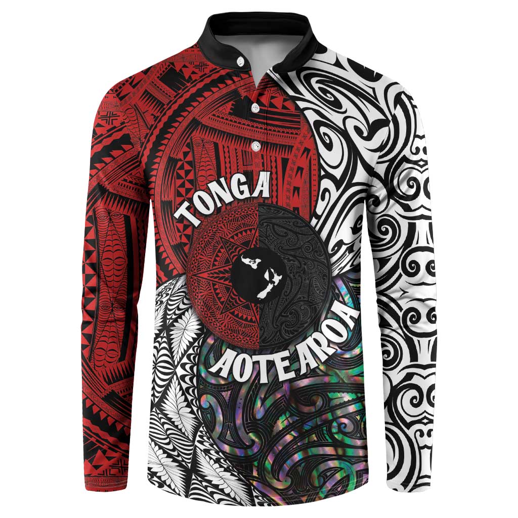 Tonga and New Zealand Together Button Sweatshirt Tongan Kupesi Ngatu Tattoo and Maori Paua Shell Pattern LT03 Black - Polynesian Pride