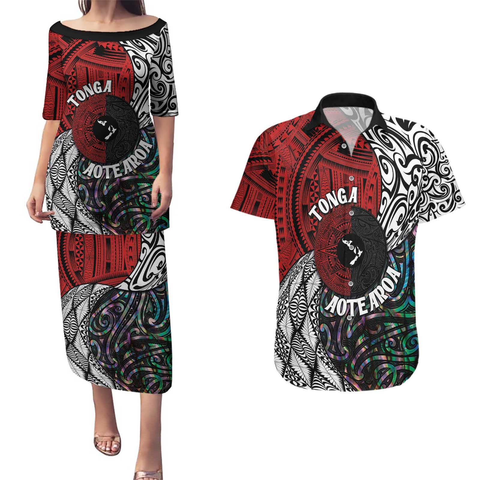 Tonga and New Zealand Together Couples Matching Puletasi and Hawaiian Shirt Tongan Kupesi Ngatu Tattoo and Maori Paua Shell Pattern LT03 Black - Polynesian Pride