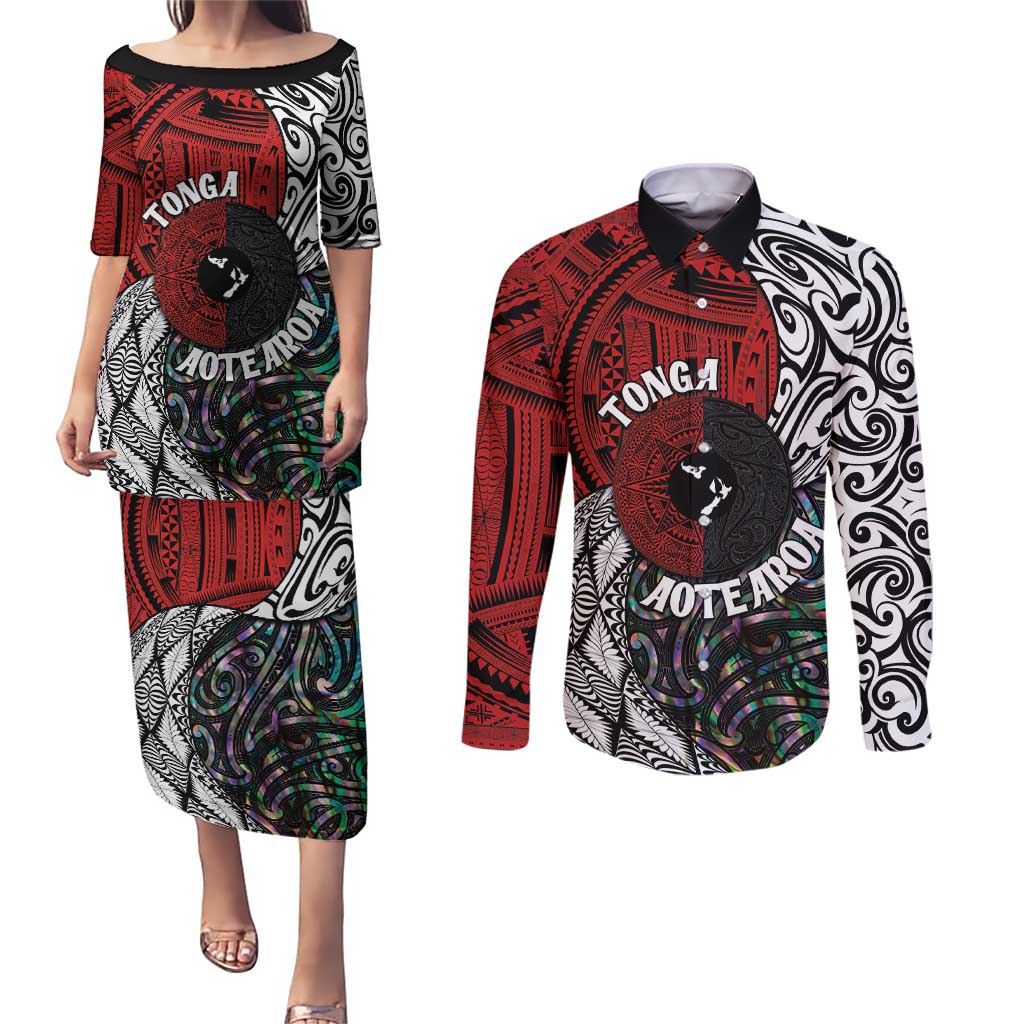 Tonga and New Zealand Together Couples Matching Puletasi and Long Sleeve Button Shirt Tongan Kupesi Ngatu Tattoo and Maori Paua Shell Pattern LT03 Black - Polynesian Pride