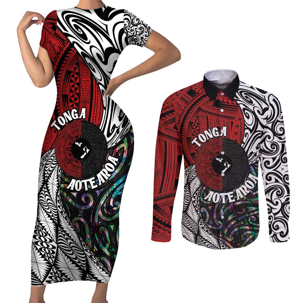 Tonga and New Zealand Together Couples Matching Short Sleeve Bodycon Dress and Long Sleeve Button Shirt Tongan Kupesi Ngatu Tattoo and Maori Paua Shell Pattern LT03 Black - Polynesian Pride