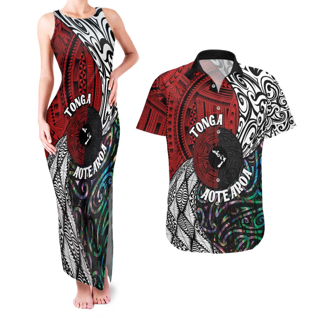 Tonga and New Zealand Together Couples Matching Tank Maxi Dress and Hawaiian Shirt Tongan Kupesi Ngatu Tattoo and Maori Paua Shell Pattern LT03 Black - Polynesian Pride