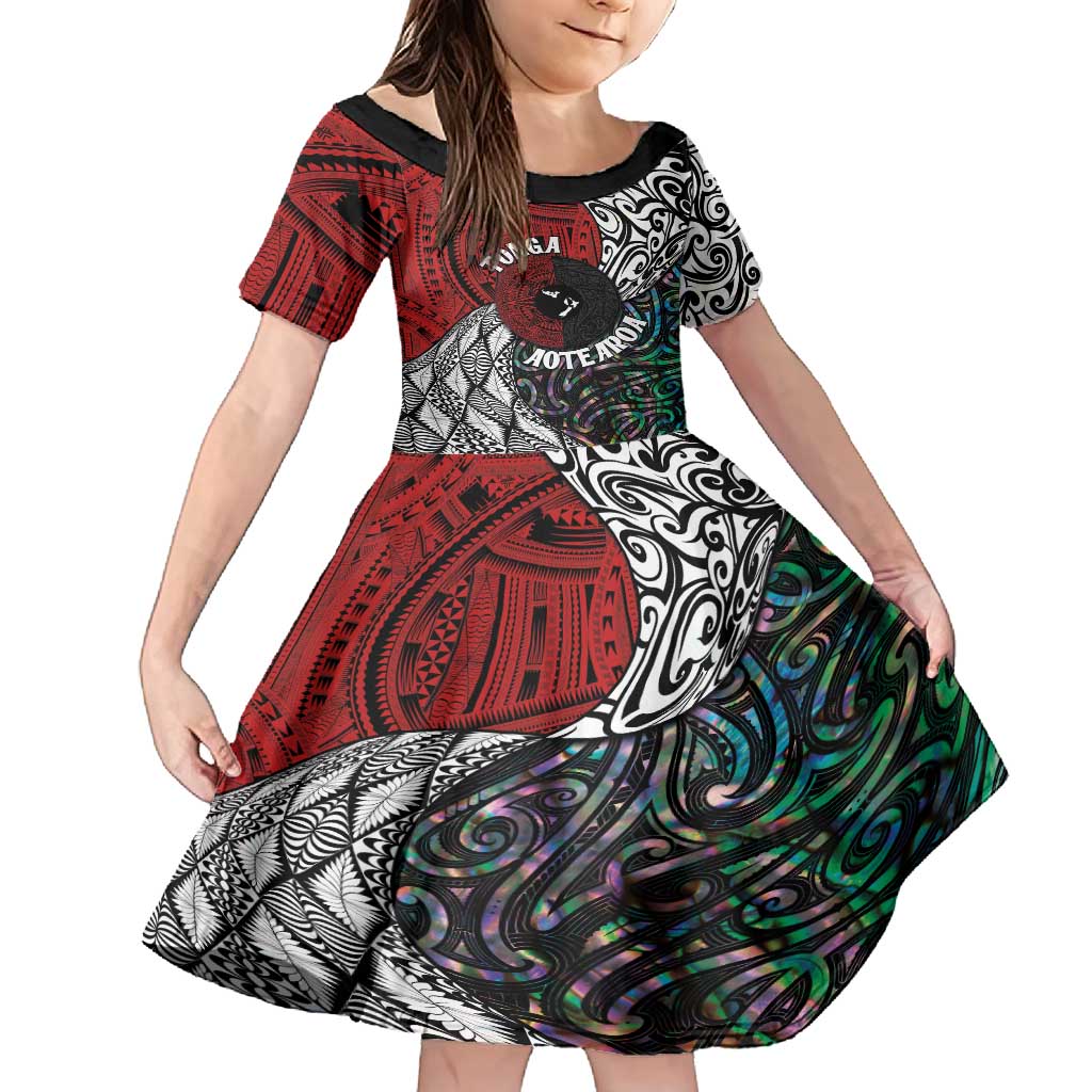 Tonga and New Zealand Together Family Matching Long Sleeve Bodycon Dress and Hawaiian Shirt Tongan Kupesi Ngatu Tattoo and Maori Paua Shell Pattern LT03 Daughter's Dress Black - Polynesian Pride