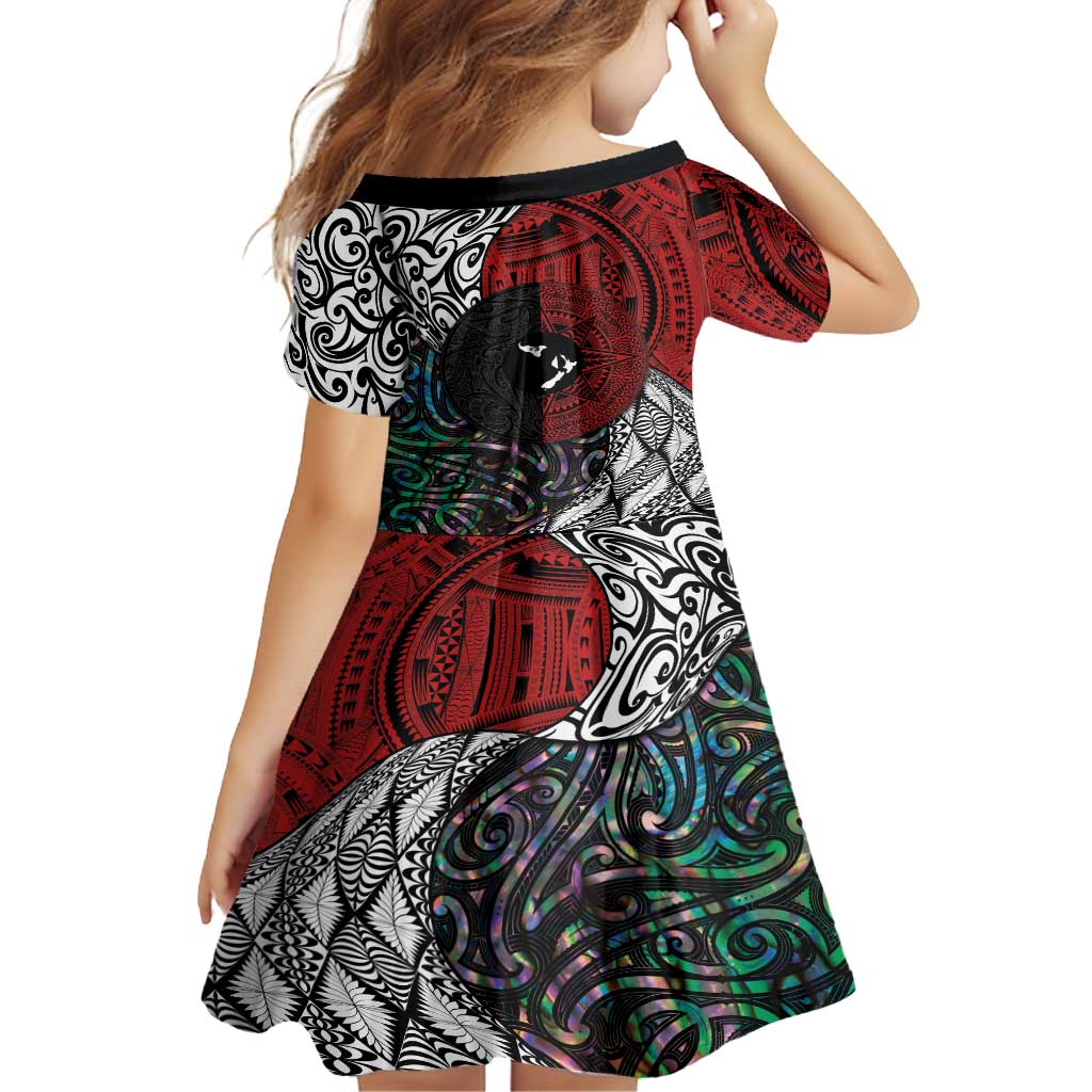 Tonga and New Zealand Together Family Matching Long Sleeve Bodycon Dress and Hawaiian Shirt Tongan Kupesi Ngatu Tattoo and Maori Paua Shell Pattern LT03 - Polynesian Pride