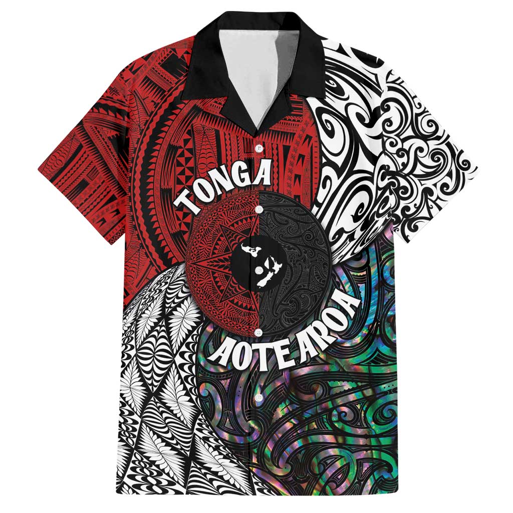 Tonga and New Zealand Together Family Matching Long Sleeve Bodycon Dress and Hawaiian Shirt Tongan Kupesi Ngatu Tattoo and Maori Paua Shell Pattern LT03 Dad's Shirt - Short Sleeve Black - Polynesian Pride