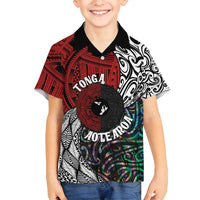 Tonga and New Zealand Together Family Matching Long Sleeve Bodycon Dress and Hawaiian Shirt Tongan Kupesi Ngatu Tattoo and Maori Paua Shell Pattern LT03 Son's Shirt Black - Polynesian Pride