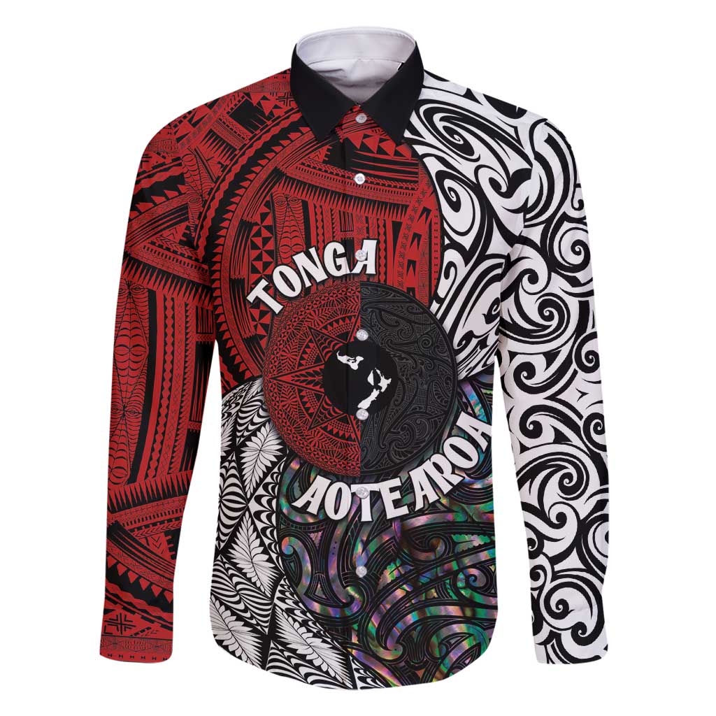 Tonga and New Zealand Together Family Matching Mermaid Dress and Hawaiian Shirt Tongan Kupesi Ngatu Tattoo and Maori Paua Shell Pattern LT03 Dad's Shirt - Long Sleeve Black - Polynesian Pride