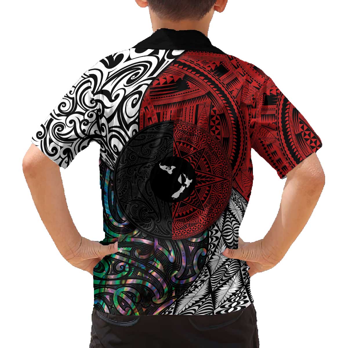 Tonga and New Zealand Together Family Matching Off The Shoulder Long Sleeve Dress and Hawaiian Shirt Tongan Kupesi Ngatu Tattoo and Maori Paua Shell Pattern LT03 - Polynesian Pride
