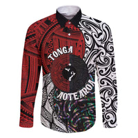 Tonga and New Zealand Together Family Matching Off The Shoulder Long Sleeve Dress and Hawaiian Shirt Tongan Kupesi Ngatu Tattoo and Maori Paua Shell Pattern LT03 Dad's Shirt - Long Sleeve Black - Polynesian Pride