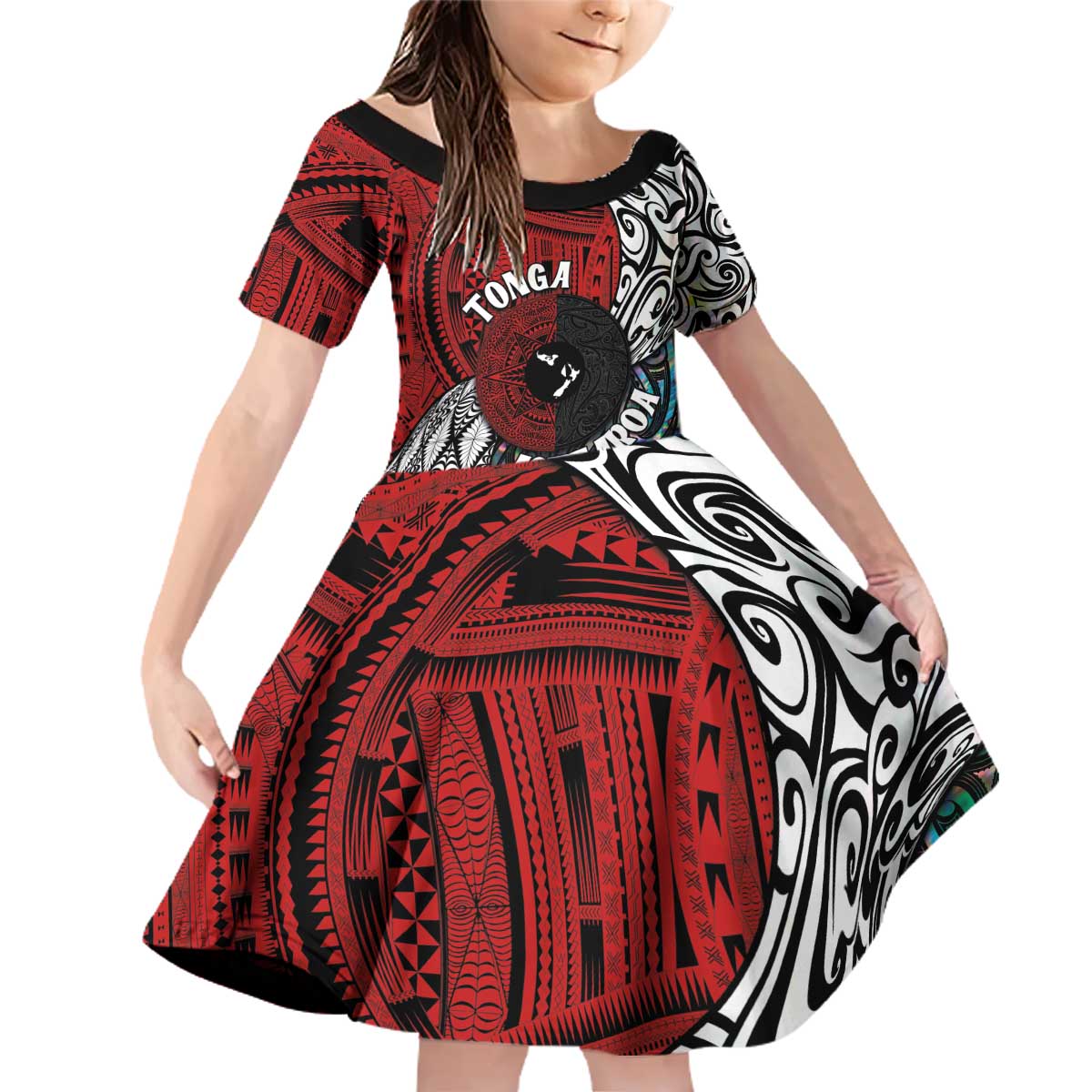 Tonga and New Zealand Together Family Matching Off Shoulder Short Dress and Hawaiian Shirt Tongan Kupesi Ngatu Tattoo and Maori Paua Shell Pattern