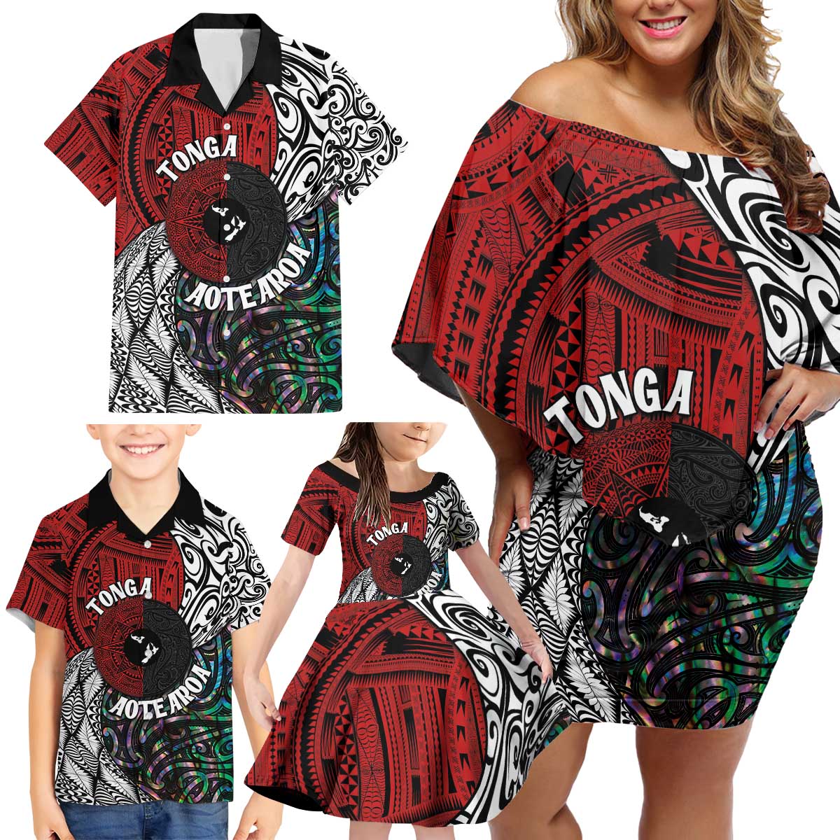 Tonga and New Zealand Together Family Matching Off Shoulder Short Dress and Hawaiian Shirt Tongan Kupesi Ngatu Tattoo and Maori Paua Shell Pattern LT03 - Polynesian Pride