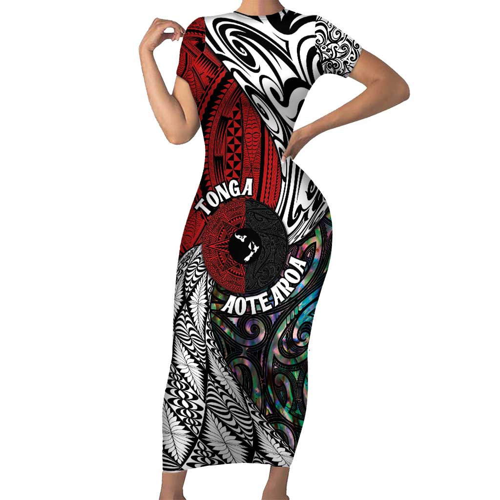 Tonga and New Zealand Together Family Matching Short Sleeve Bodycon Dress and Hawaiian Shirt Tongan Kupesi Ngatu Tattoo and Maori Paua Shell Pattern