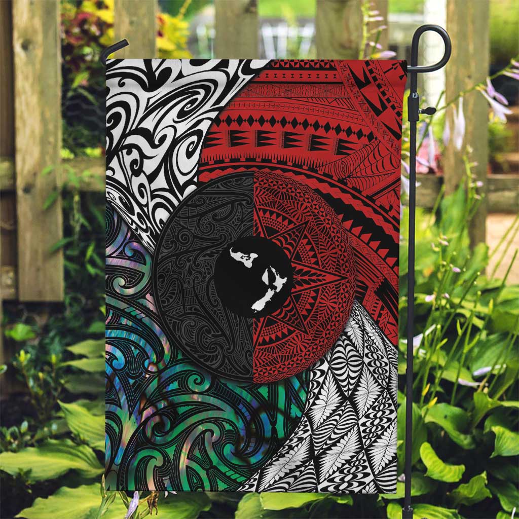 Tonga and New Zealand Together Garden Flag Tongan Kupesi Ngatu Tattoo and Maori Paua Shell Pattern