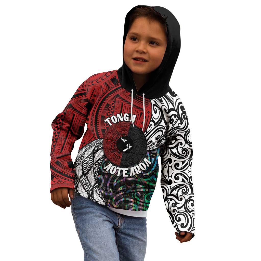Tonga and New Zealand Together Kid Hoodie Tongan Kupesi Ngatu Tattoo and Maori Paua Shell Pattern