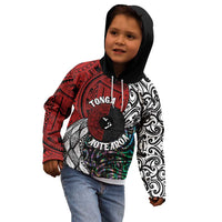 Tonga and New Zealand Together Kid Hoodie Tongan Kupesi Ngatu Tattoo and Maori Paua Shell Pattern