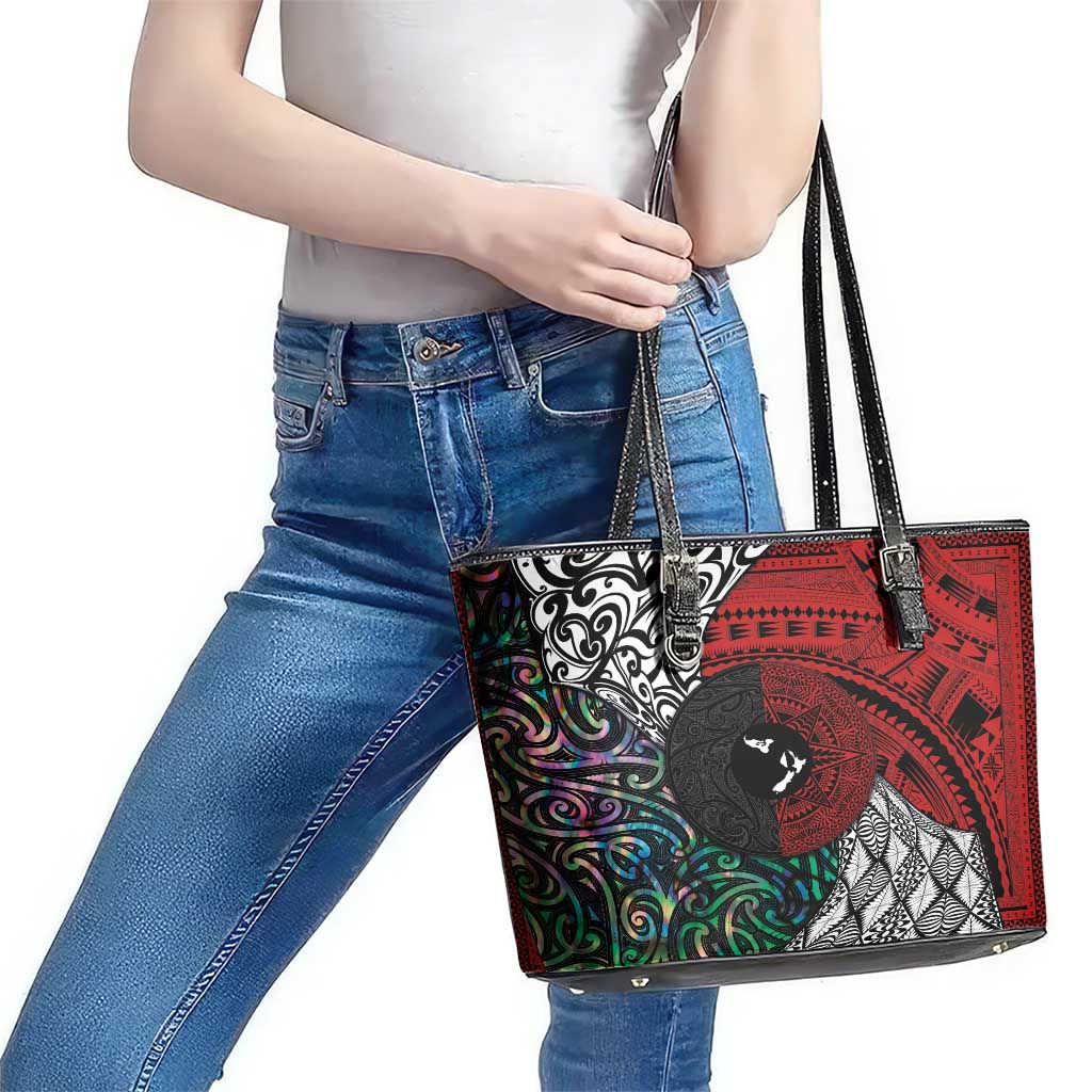 Tonga and New Zealand Together Leather Tote Bag Tongan Kupesi Ngatu Tattoo and Maori Paua Shell Pattern
