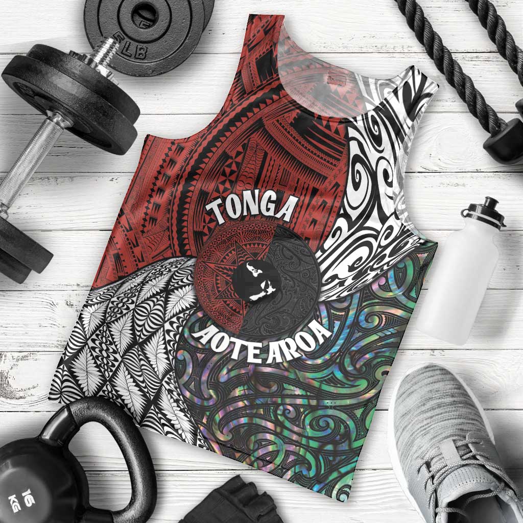 Tonga and New Zealand Together Men Tank Top Tongan Kupesi Ngatu Tattoo and Maori Paua Shell Pattern