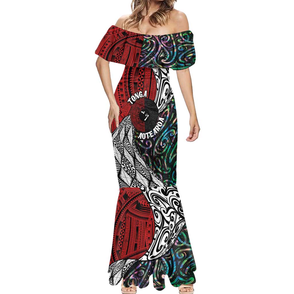 Tonga and New Zealand Together Mermaid Dress Tongan Kupesi Ngatu Tattoo and Maori Paua Shell Pattern