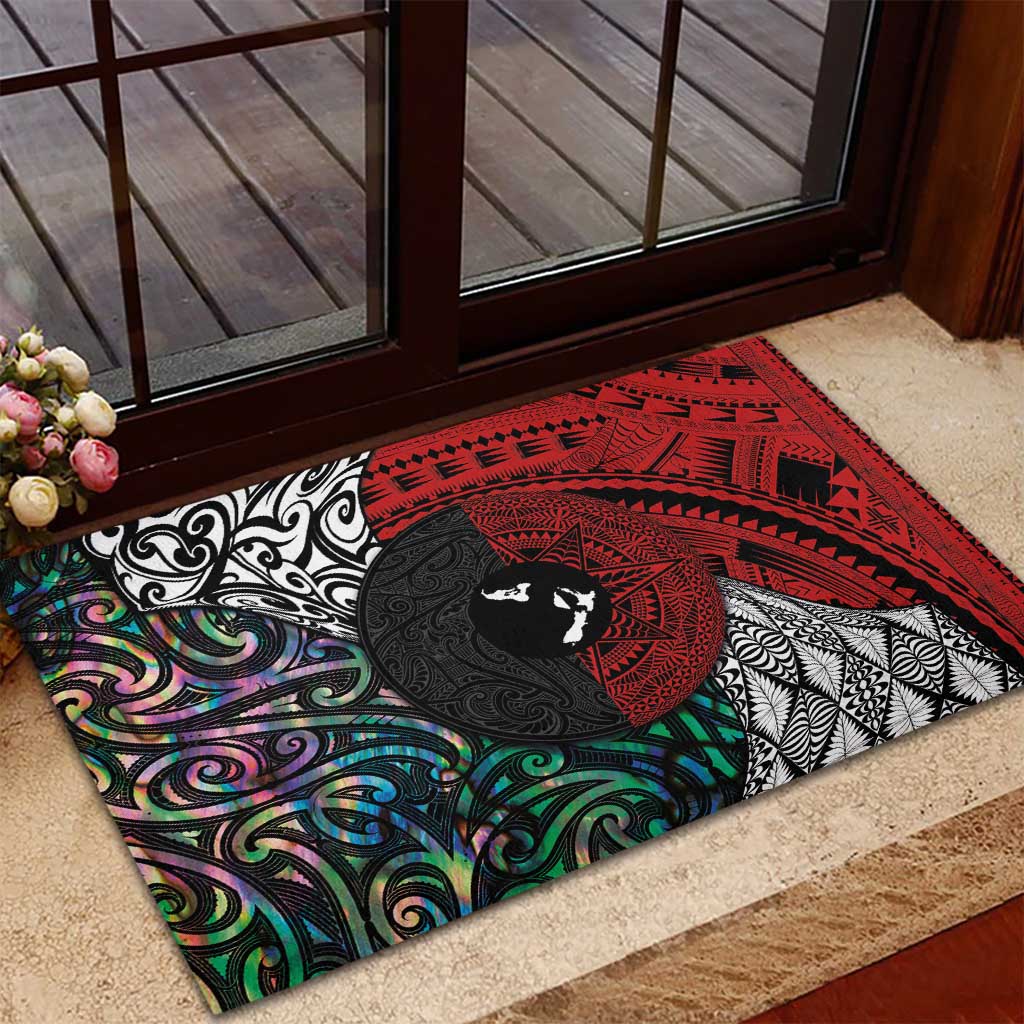 Tonga and New Zealand Together Rubber Doormat Tongan Kupesi Ngatu Tattoo and Maori Paua Shell Pattern