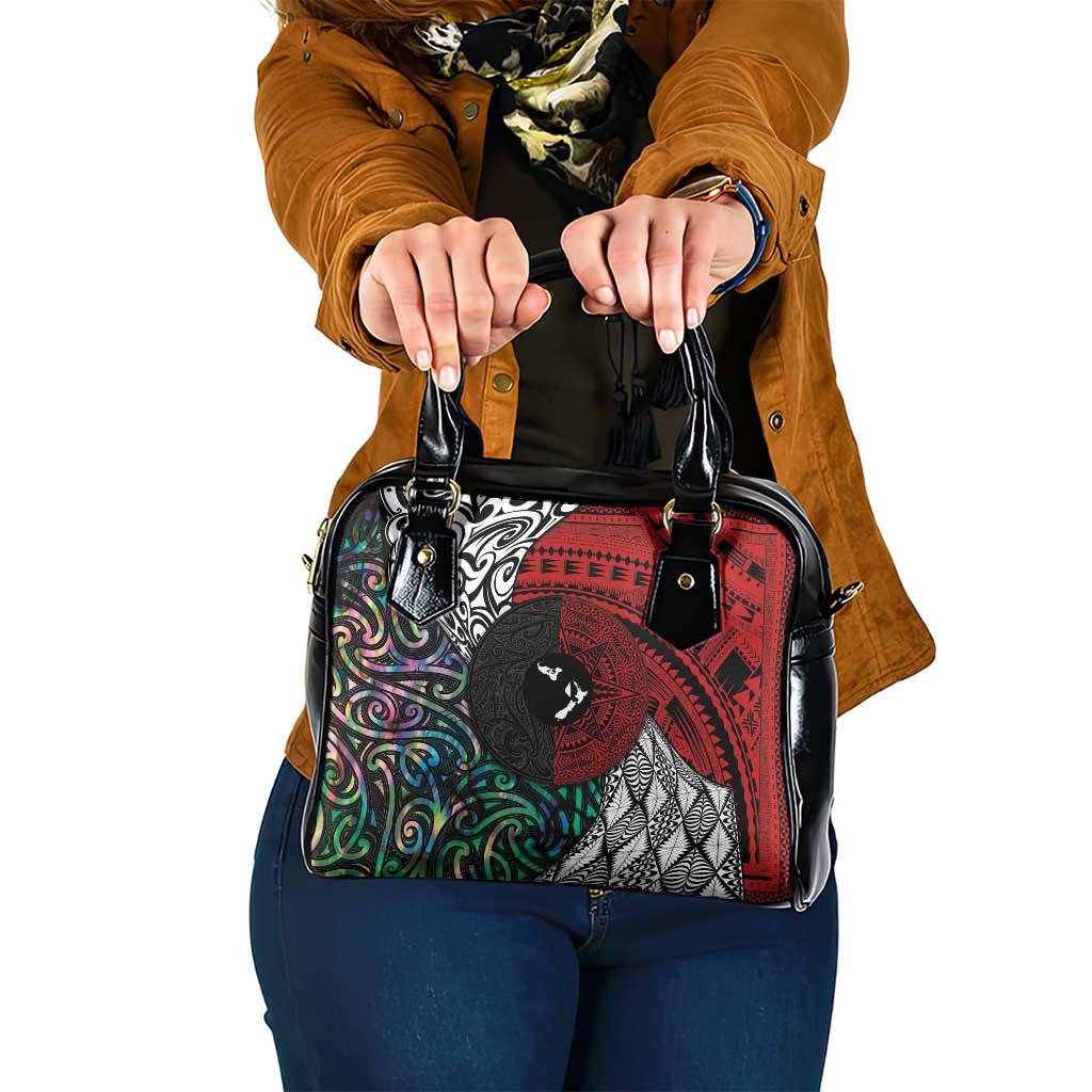 Tonga and New Zealand Together Shoulder Handbag Tongan Kupesi Ngatu Tattoo and Maori Paua Shell Pattern LT03 One Size Black - Polynesian Pride