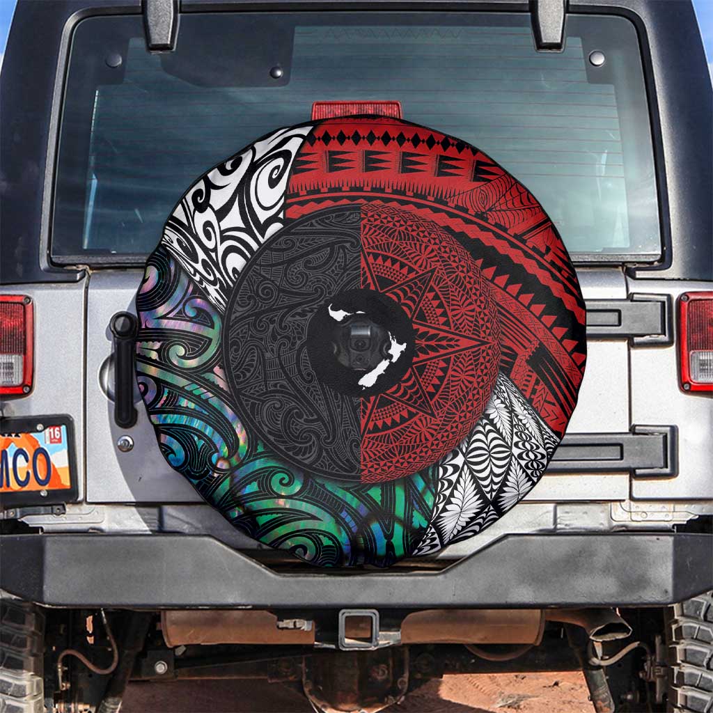 Tonga and New Zealand Together Spare Tire Cover Tongan Kupesi Ngatu Tattoo and Maori Paua Shell Pattern LT03 Black - Polynesian Pride