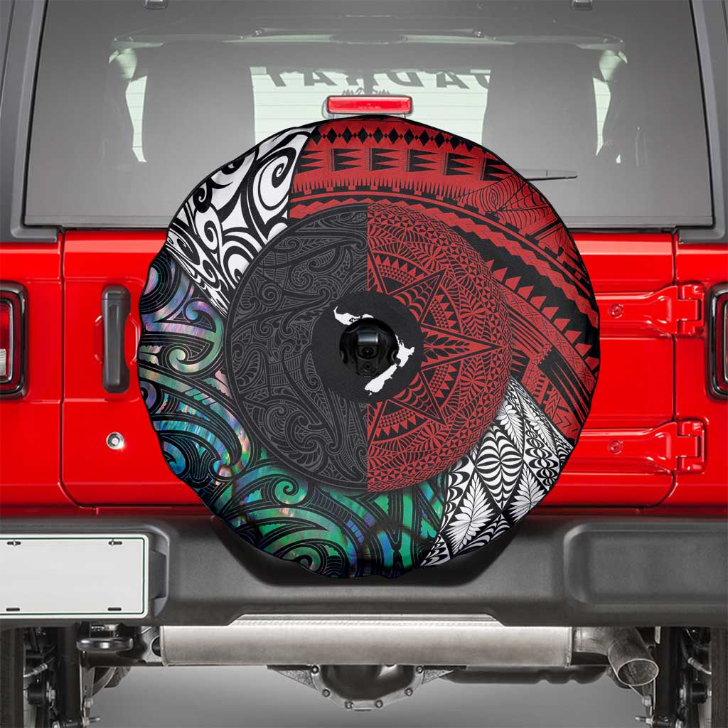 Tonga and New Zealand Together Spare Tire Cover Tongan Kupesi Ngatu Tattoo and Maori Paua Shell Pattern