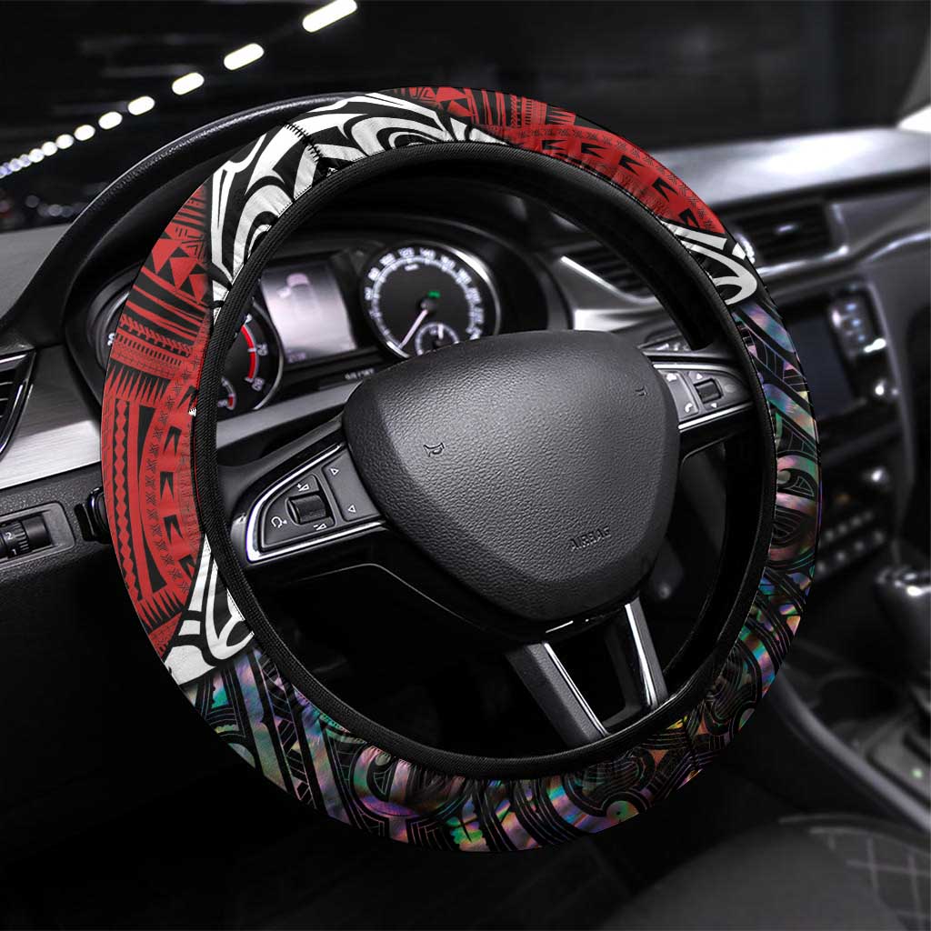 Tonga and New Zealand Together Steering Wheel Cover Tongan Kupesi Ngatu Tattoo and Maori Paua Shell Pattern LT03 Universal Fit Black - Polynesian Pride