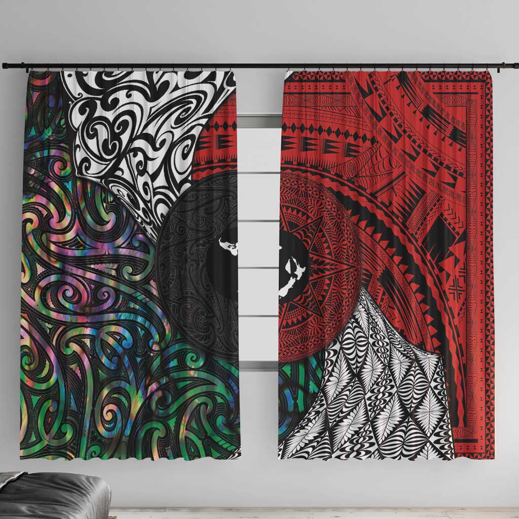 Tonga and New Zealand Together Window Curtain Tongan Kupesi Ngatu Tattoo and Maori Paua Shell Pattern LT03 With Hooks Black - Polynesian Pride