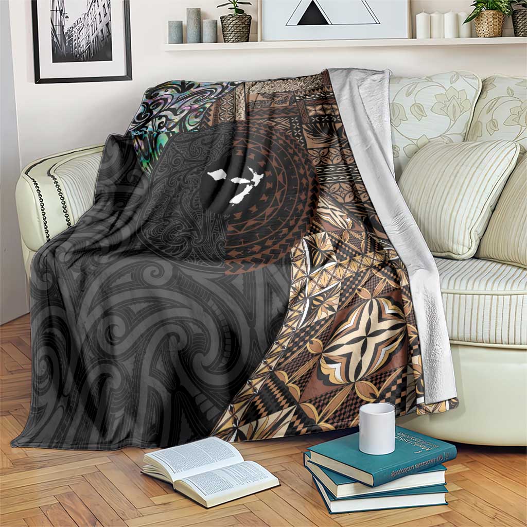 Samoa and New Zealand Together Blanket Siapo Motif and Maori Paua Shell Pattern LT03 Black - Polynesian Pride