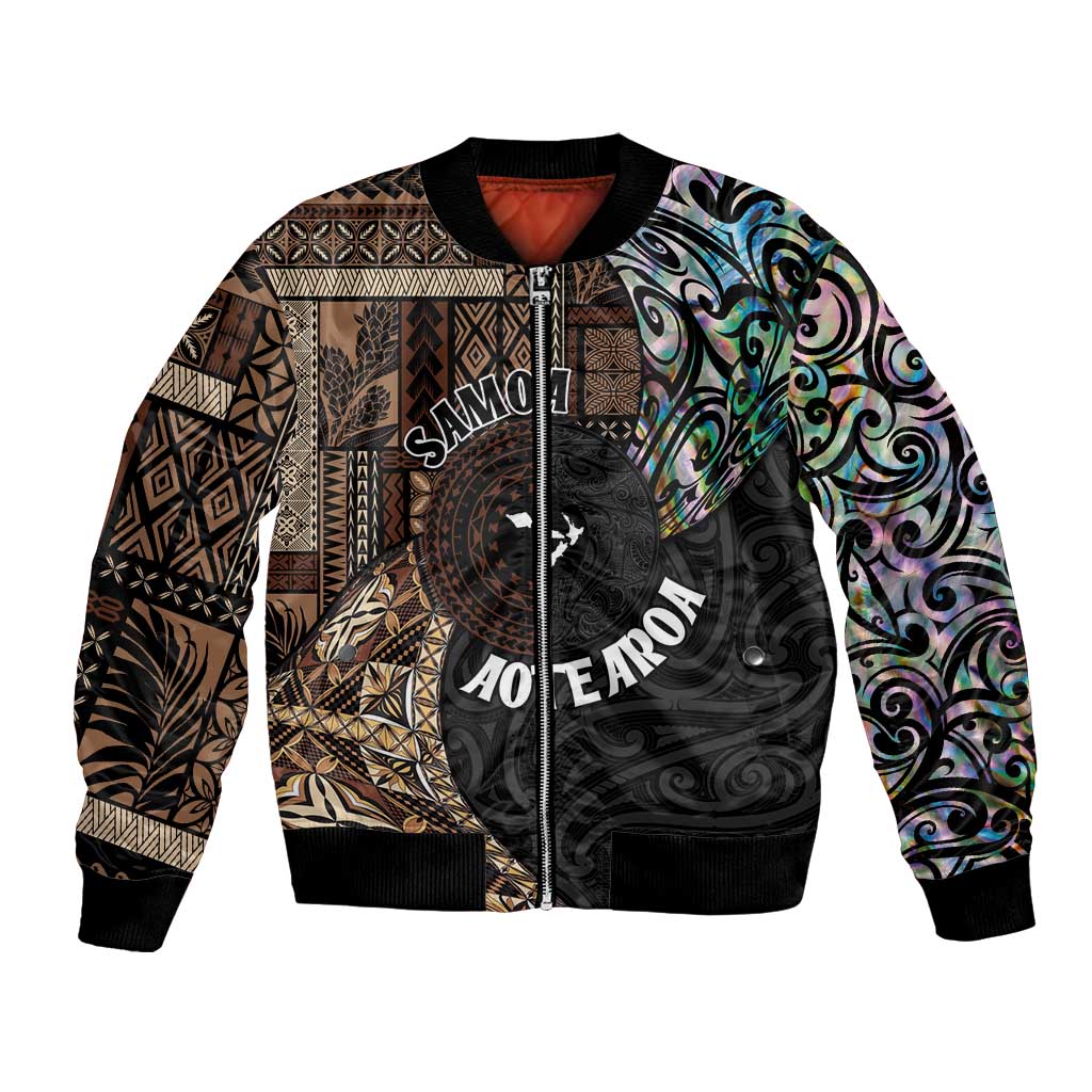 Samoa and New Zealand Together Bomber Jacket Siapo Motif and Maori Paua Shell Pattern LT03 Unisex Black - Polynesian Pride