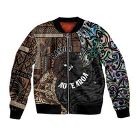 Samoa and New Zealand Together Bomber Jacket Siapo Motif and Maori Paua Shell Pattern LT03 Unisex Black - Polynesian Pride