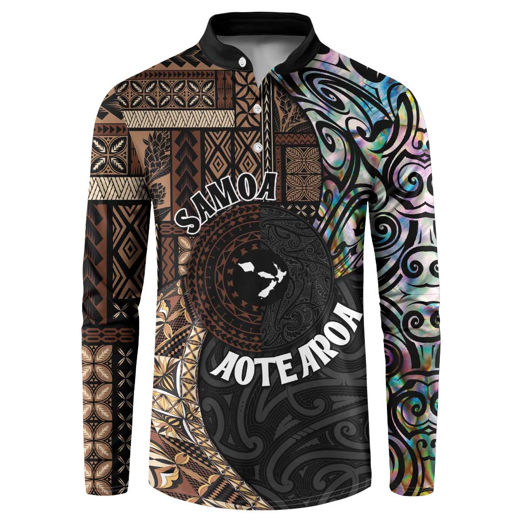Samoa and New Zealand Together Button Sweatshirt Siapo Motif and Maori Paua Shell Pattern LT03 Black - Polynesian Pride