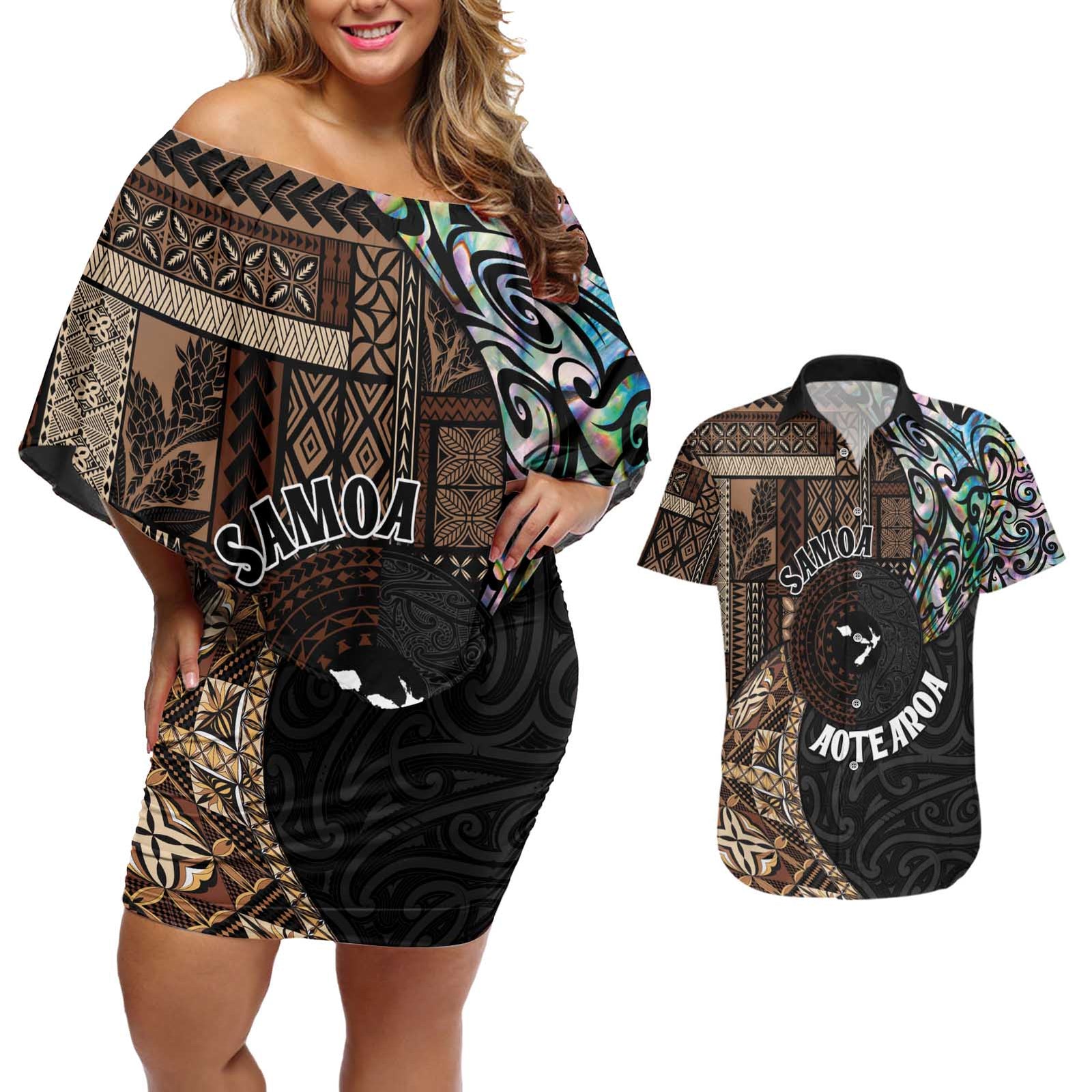 Samoa and New Zealand Together Couples Matching Off Shoulder Short Dress and Hawaiian Shirt Siapo Motif and Maori Paua Shell Pattern LT03 Black - Polynesian Pride