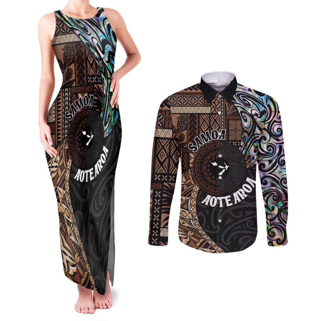 Samoa and New Zealand Together Couples Matching Tank Maxi Dress and Long Sleeve Button Shirt Siapo Motif and Maori Paua Shell Pattern LT03 Black - Polynesian Pride
