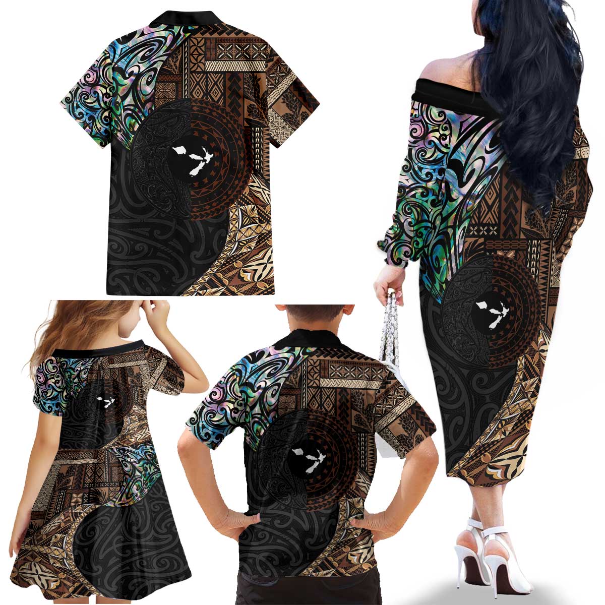 Samoa and New Zealand Together Family Matching Off The Shoulder Long Sleeve Dress and Hawaiian Shirt Siapo Motif and Maori Paua Shell Pattern