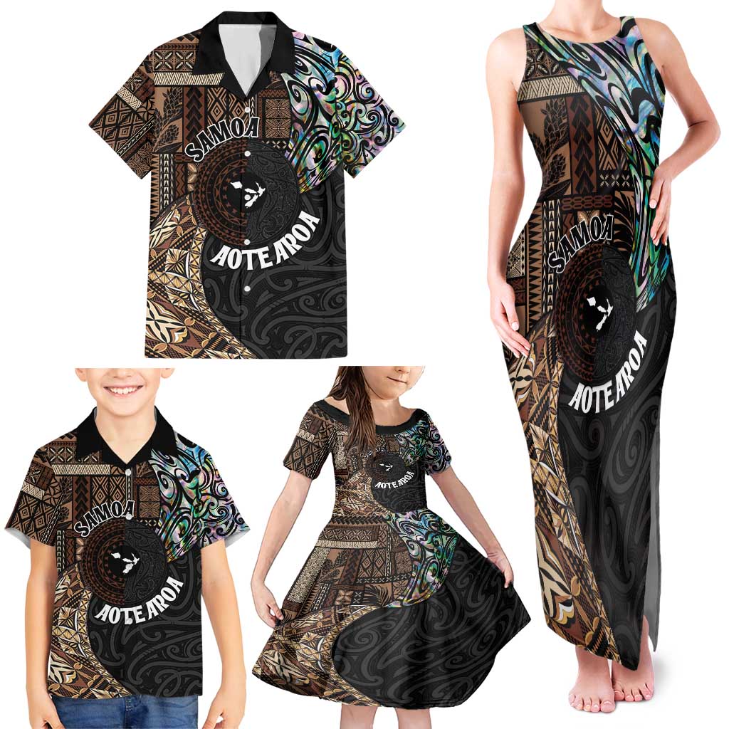 Samoa and New Zealand Together Family Matching Tank Maxi Dress and Hawaiian Shirt Siapo Motif and Maori Paua Shell Pattern LT03 - Polynesian Pride