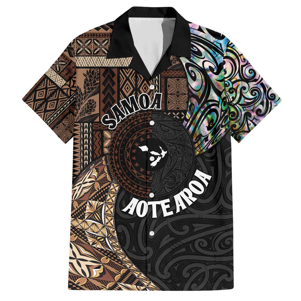 Samoa and New Zealand Together Hawaiian Shirt Siapo Motif and Maori Paua Shell Pattern LT03 Black - Polynesian Pride