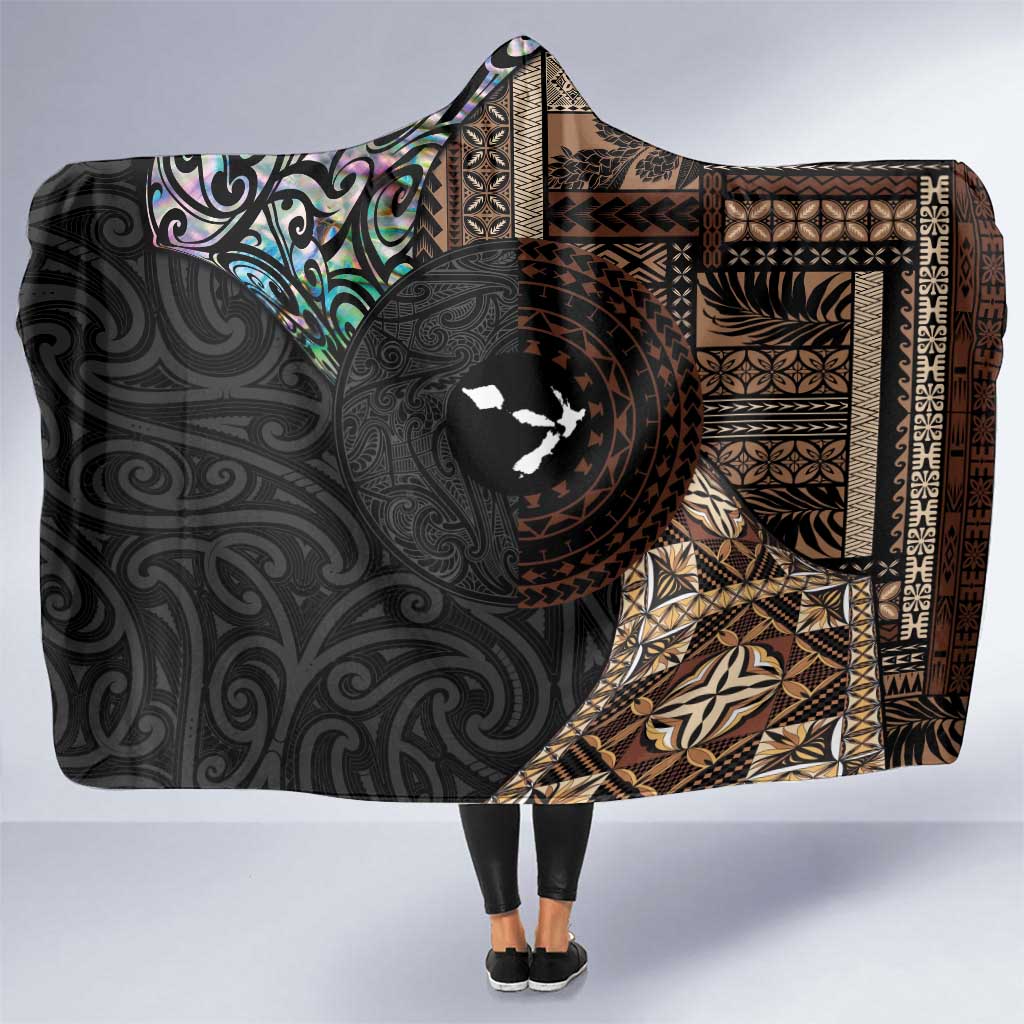 Samoa and New Zealand Together Hooded Blanket Siapo Motif and Maori Paua Shell Pattern LT03 One Size Black - Polynesian Pride